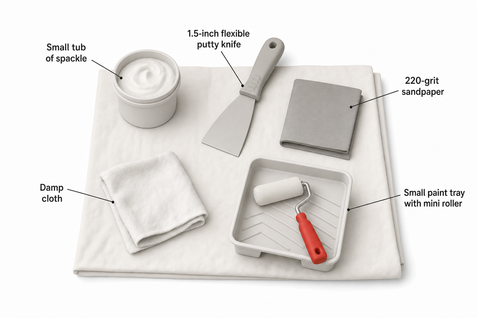 overhead flat-lay of drywall repair supplies arranged on a drop cloth — a small tub of spackle, a 1.5-inch flexible putty knife, a folded piece of 220-grit sandpaper, a damp cloth, and a small paint tray with a mini roller