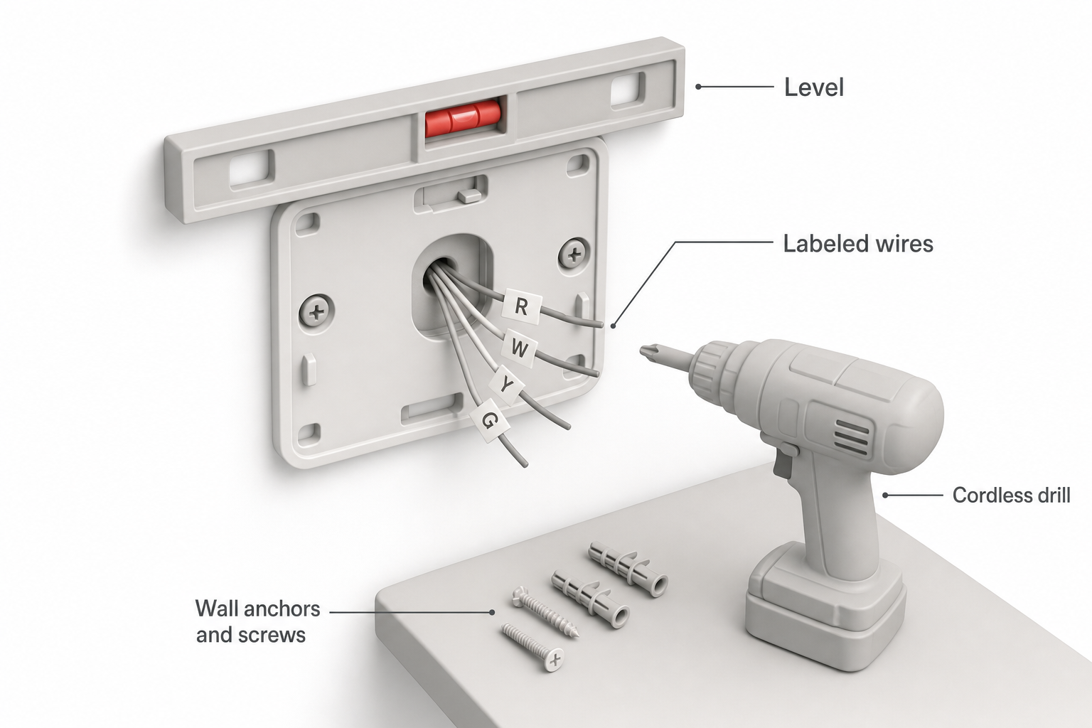 a level being held against a new thermostat backplate on a wall, with labeled wires (small tape flags marked R, W, Y, G, C) threaded through the center hole, a cordless drill and wall anchors sitting on a nearby surface