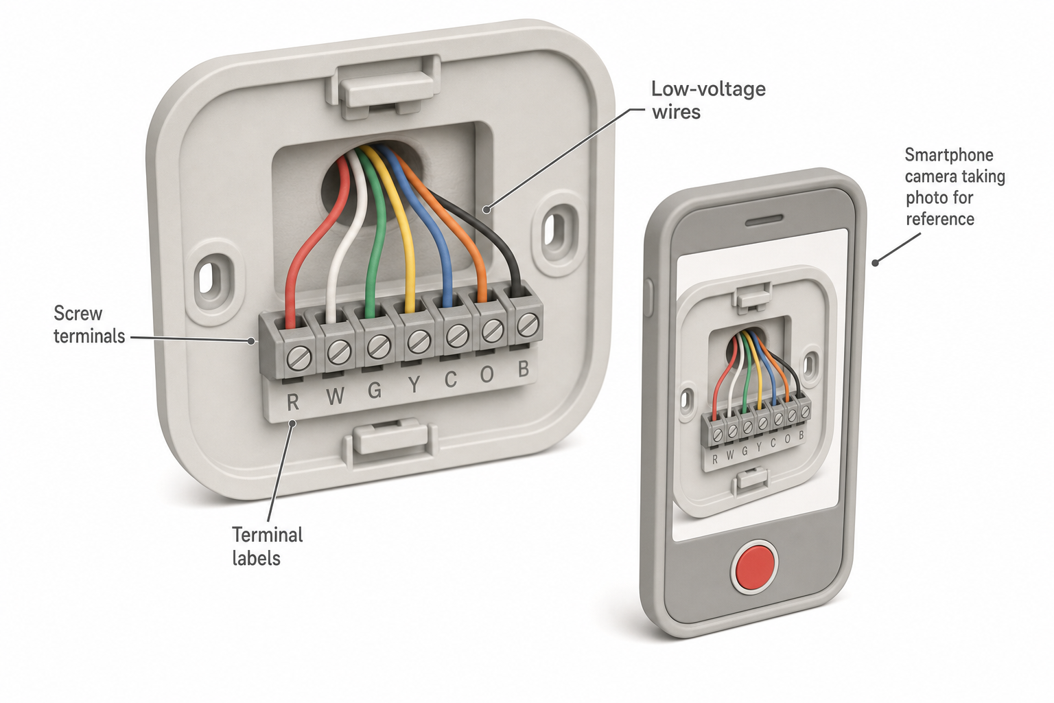close-up of an old round or rectangular thermostat wall plate removed from the wall, showing five to seven color-coded low-voltage wires (red, white, green, yellow, blue, orange, black) connected to labeled screw terminals (R, W, G, Y, C, etc.), with a smartphone camera visible in frame taking a photo of the wiring for reference