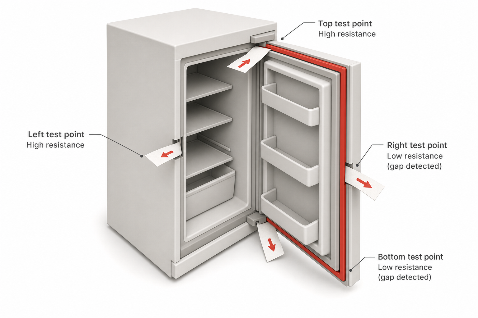 cutaway diagram of a refrigerator door showing a strip of paper being pulled from between the door and cabinet at four test points (top, bottom, left, right), with arrows indicating resistance versus a gap