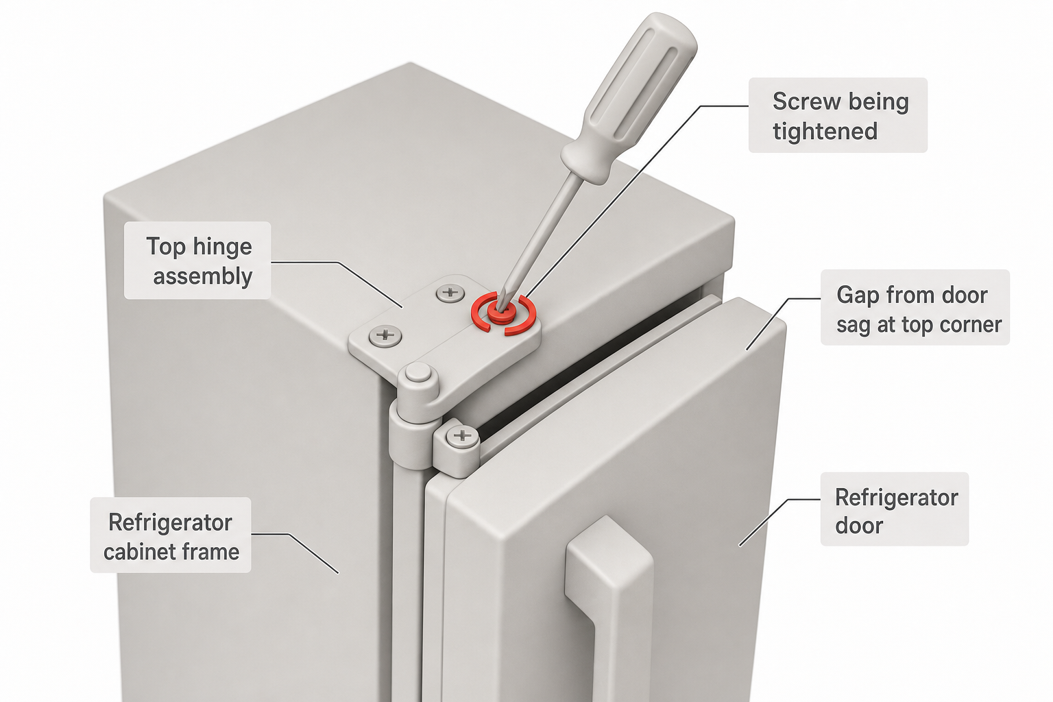 close-up of a refrigerator's top hinge assembly with a screwdriver tightening a screw, showing a slight gap between the door and cabinet frame that the adjustment is meant to close