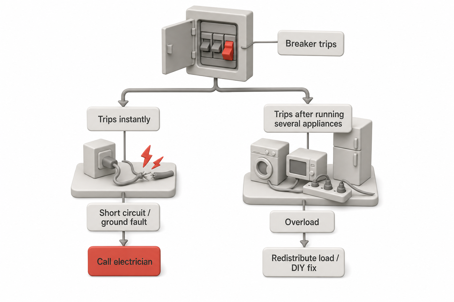 Simple flowchart-style graphic guiding a homeowner: "Breaker trips" branches into "Trips instantly" (leading to short circuit/ground fault, arrow to "call electrician") and "Trips after running several appliances" (leading to overload, arrow to "redistribute load / DIY fix").