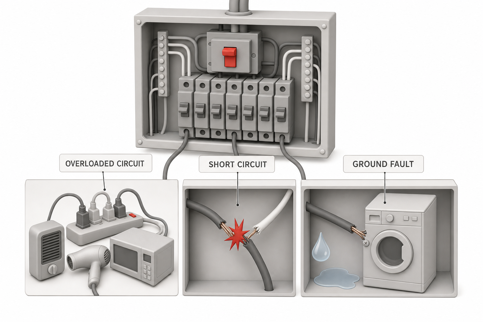 Cutaway diagram of a home electrical panel showing three labeled scenarios side by side — an overloaded circuit with multiple appliances (space heater, hair dryer, microwave) all plugged into one outlet strip; a short circuit showing a frayed wire touching another wire with a spark icon; and a ground fault showing a wire touching a metal appliance casing with a water droplet icon nearby indicating moisture.