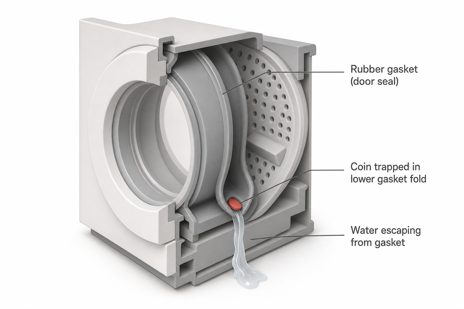 cutaway side view of a front-loading washing machine door showing the rubber gasket fold, with a small object (a coin) trapped in the lower fold and a thin stream of water escaping