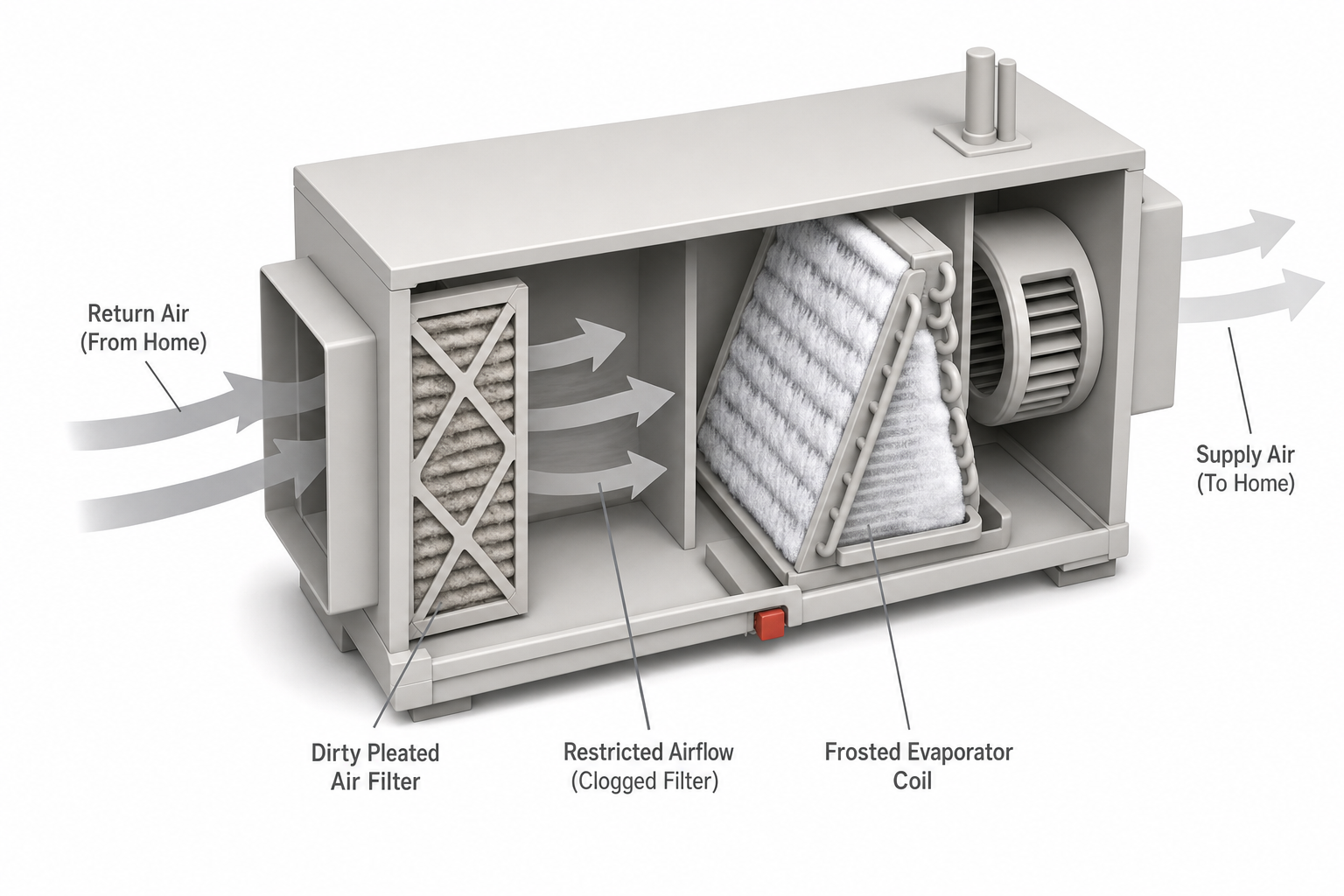 cutaway diagram of a central air handler showing a dirty pleated air filter on one side and a frosted evaporator coil on the other, with airflow arrows showing restricted air movement through the clogged filter
