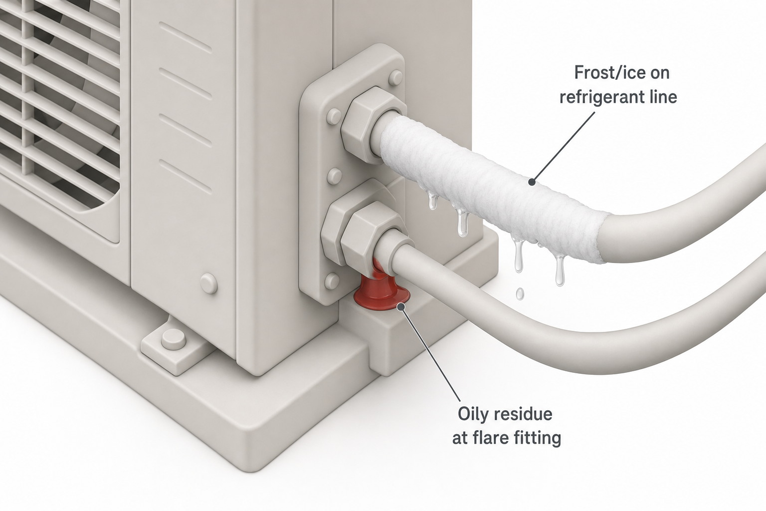 close-up of an outdoor AC condenser unit's copper refrigerant lines, one line wrapped in frost/ice with visible condensation dripping, and a small pool of oily residue at a flare fitting