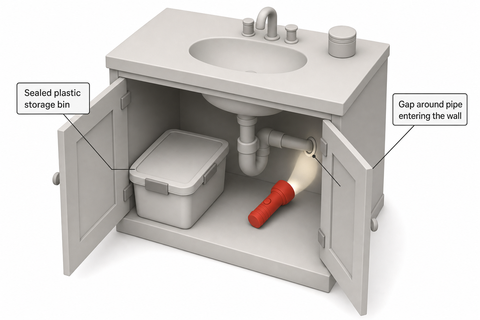 under-sink cabinet in a bathroom with cardboard boxes and paper labels removed and replaced by a sealed plastic storage bin, a small flashlight highlighting a gap around a pipe entering the wall