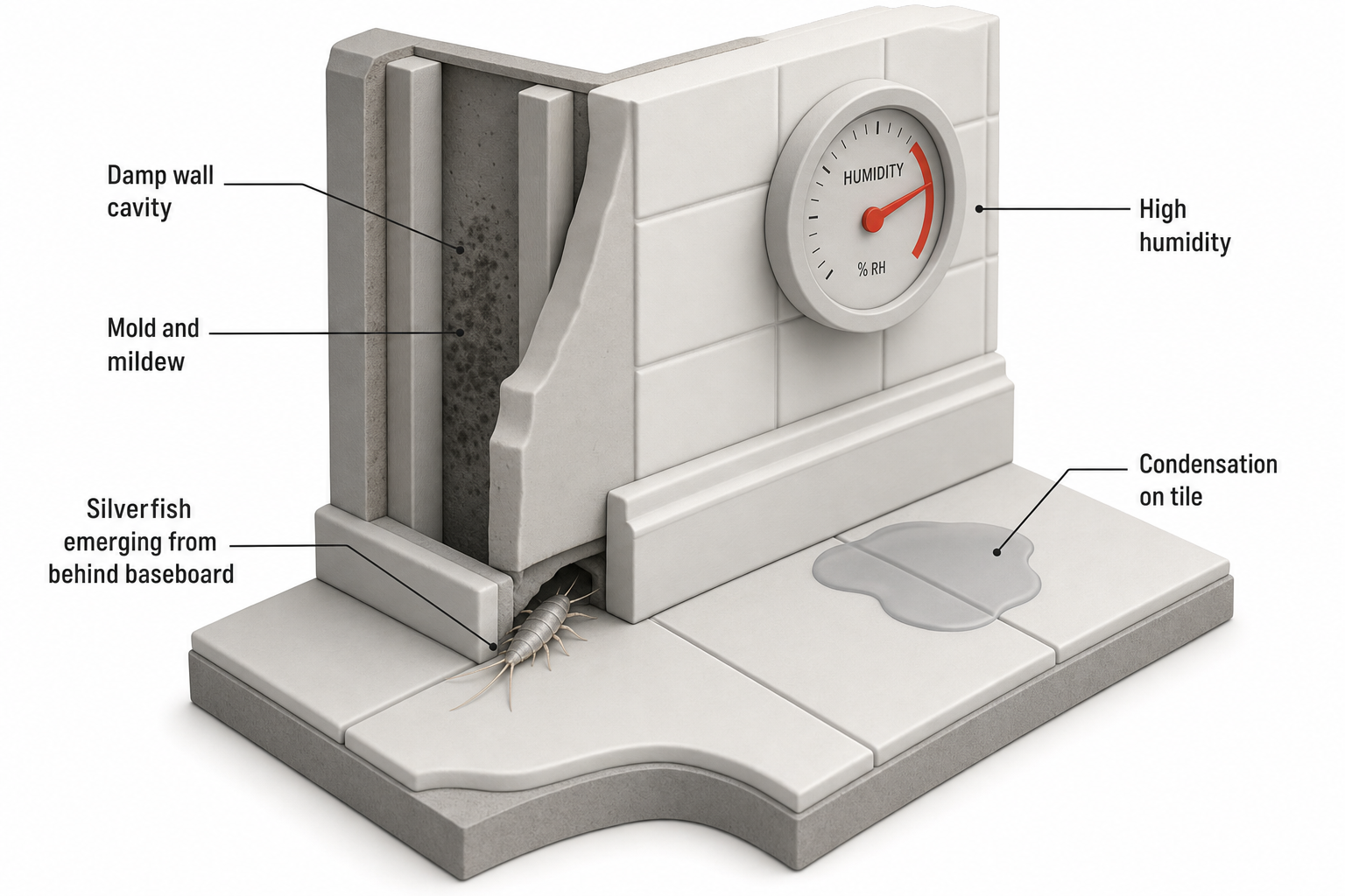 cutaway view of a bathroom wall showing a silverfish crawling from behind a baseboard near a damp corner, with a small pool of condensation on the tile and a humidity gauge reading high on the wall