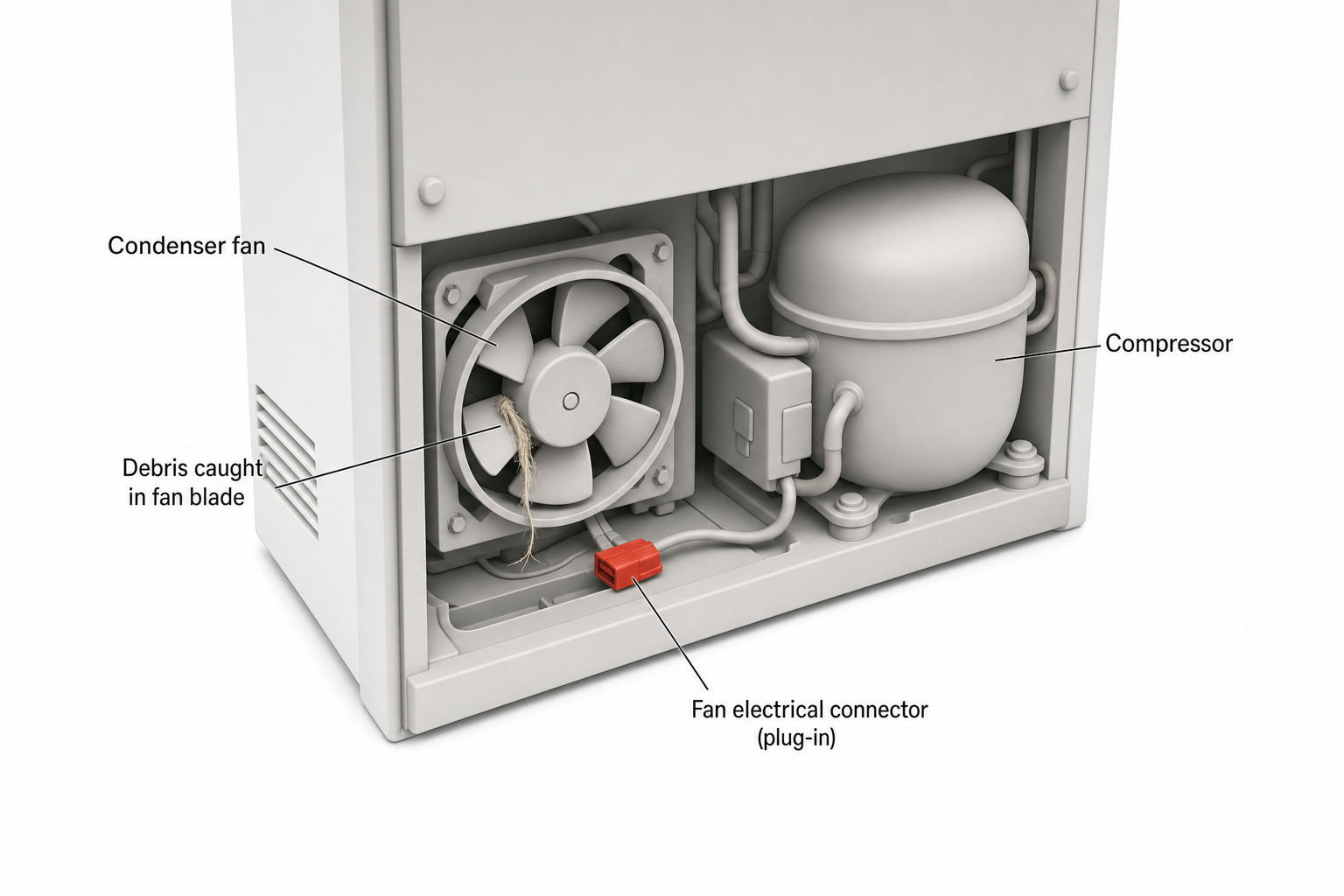 close-up of a refrigerator's bottom rear compartment with the access panel removed, showing a small round condenser fan mounted next to the compressor, with a strand of debris caught in one blade