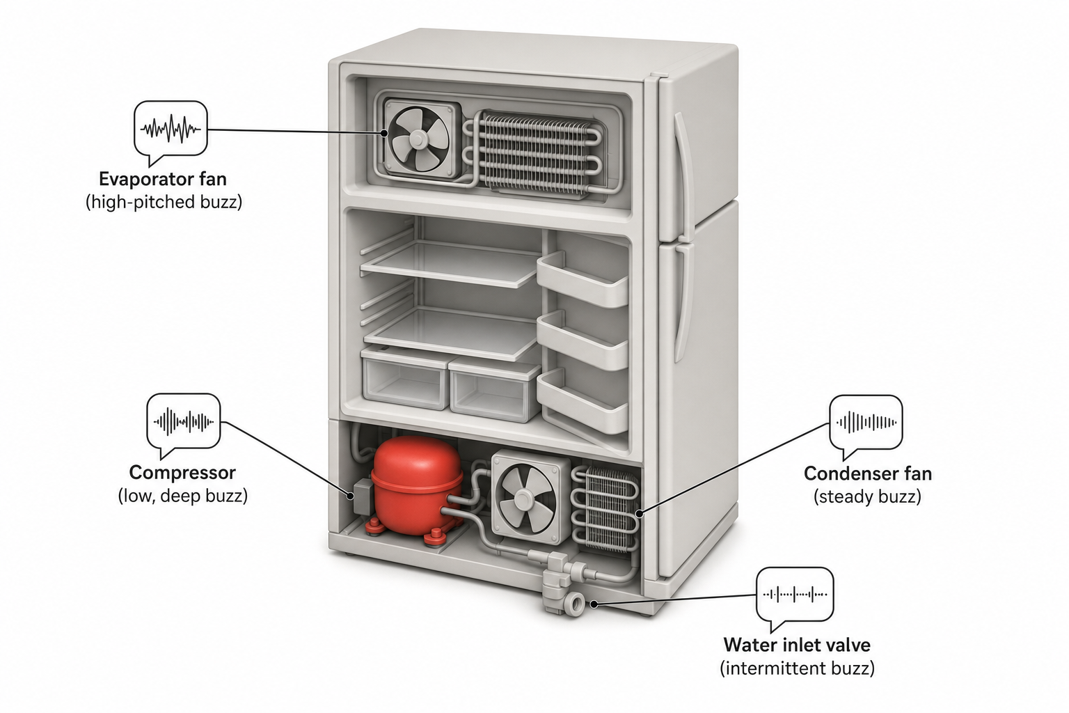 cutaway diagram of a refrigerator showing the compressor and condenser fan at the bottom rear, the evaporator fan and coils hidden behind the freezer's rear interior panel, and the water inlet valve near the bottom back, each labeled with a small speech-bubble icon indicating the type of noise it makes
