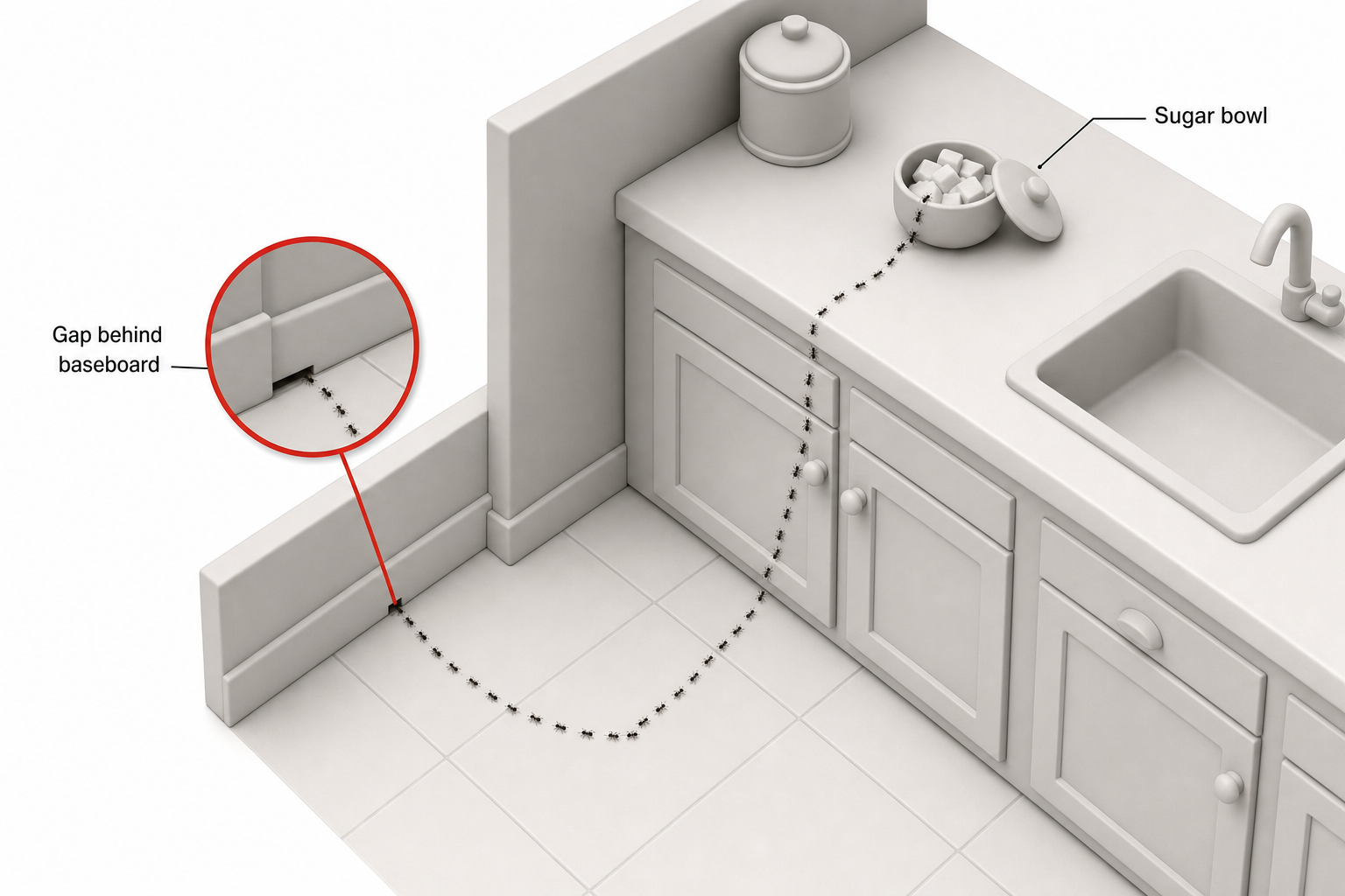 overhead view of a kitchen counter and floor showing a thin line of small ants trailing from a gap behind a baseboard, across the floor, and up to a sugar bowl on the counter, with a magnifying circle highlighting the baseboard gap