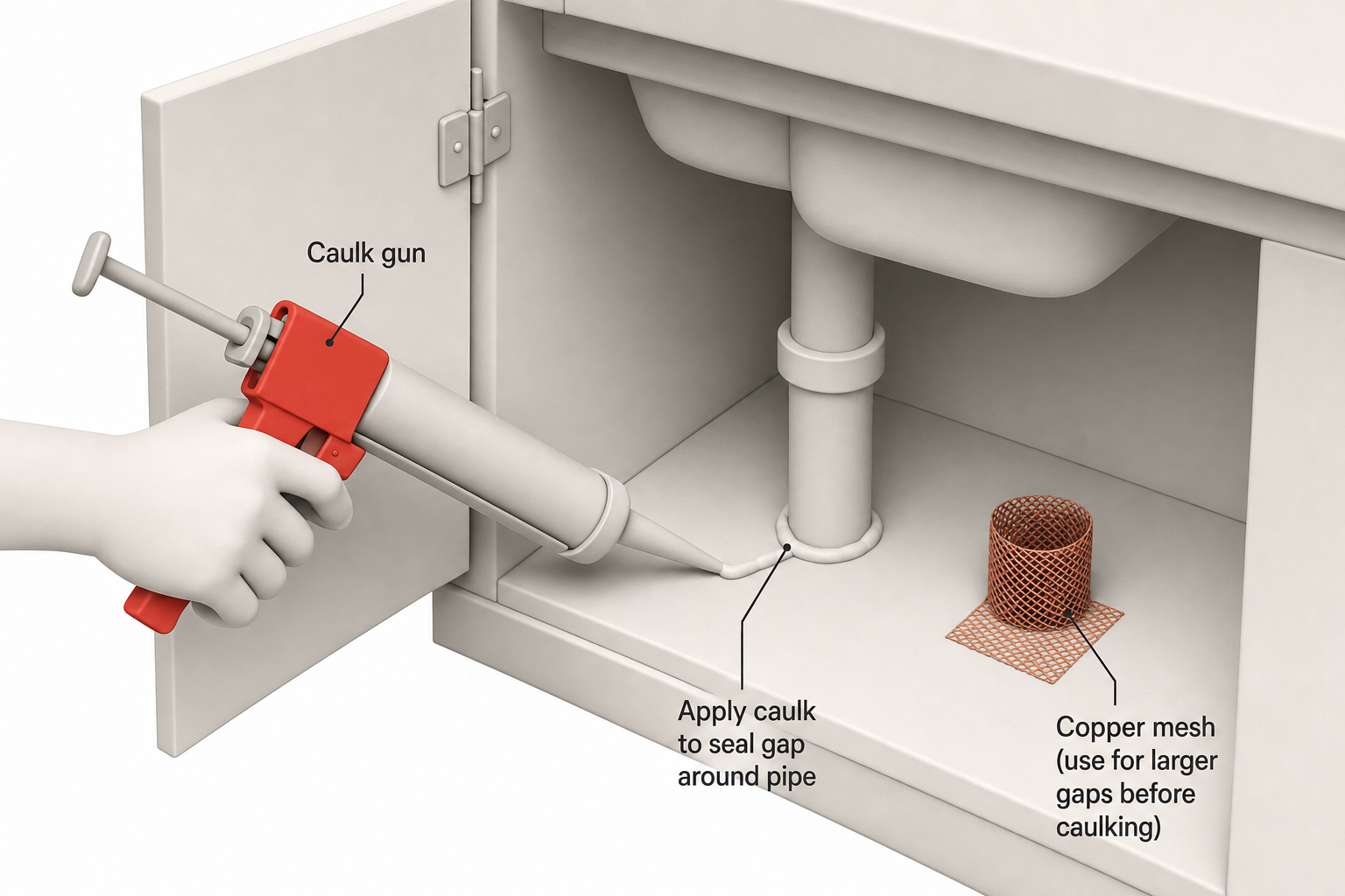 close-up of a hand applying a caulk gun to seal a gap around a pipe entering under a kitchen sink cabinet, with a small roll of copper mesh sitting nearby on the cabinet floor