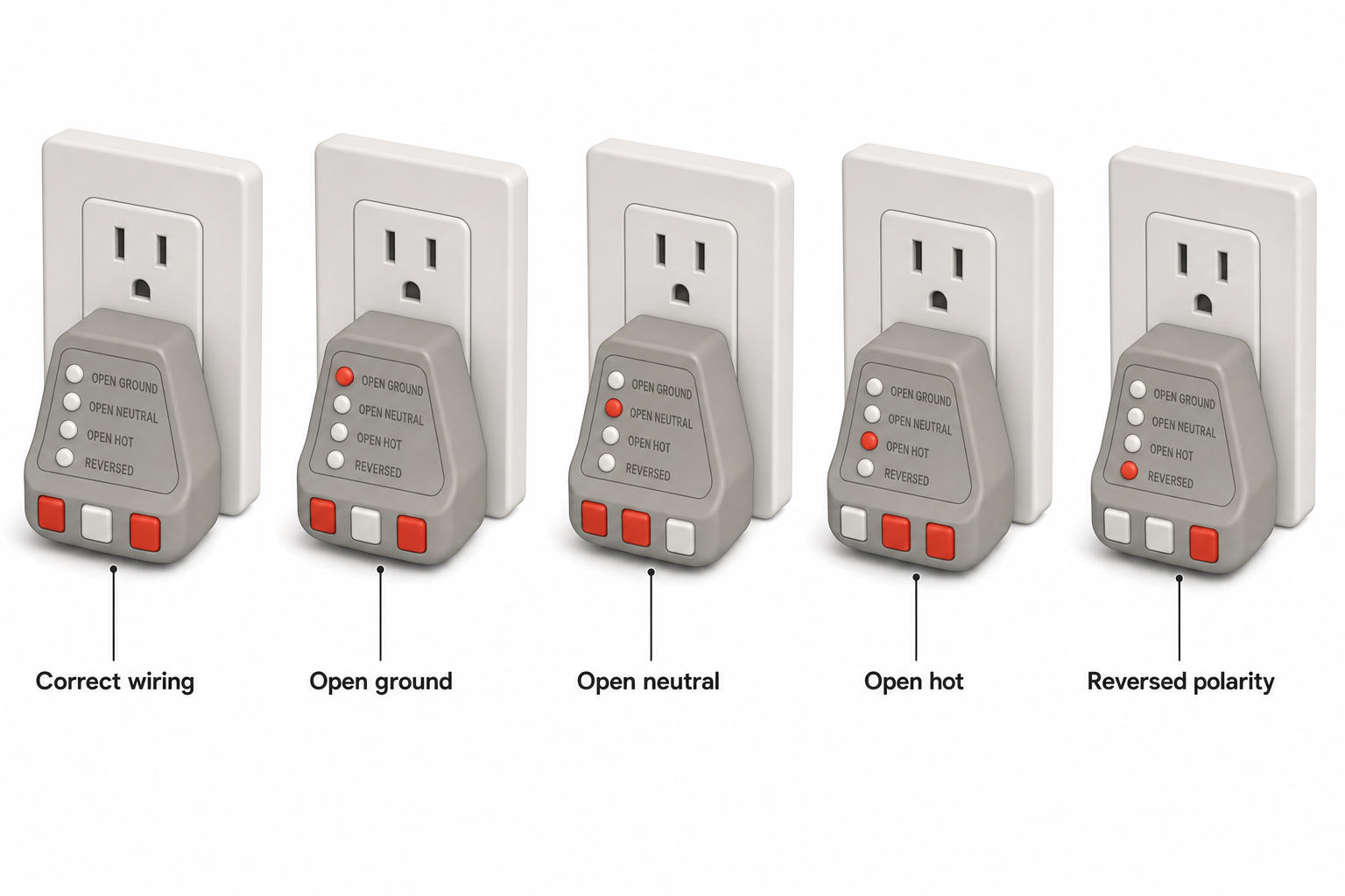 a simple reference diagram showing four or five outlet tester light patterns side by side, each labeled with its meaning: correct wiring, open ground, open neutral, open hot, reversed polarity