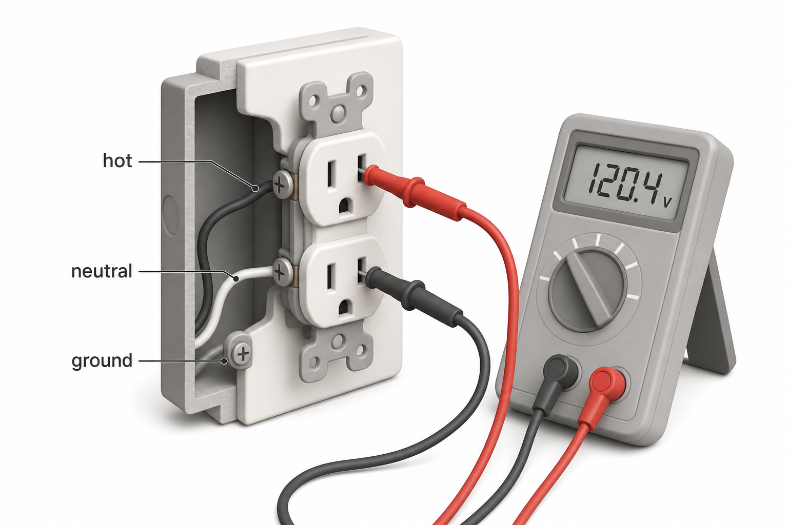 a cutaway-style diagram of a wall outlet with a multimeter's red and black probes inserted into the hot and neutral slots, with a digital readout showing a voltage number, labeled arrows pointing to "hot," "neutral," and "ground"