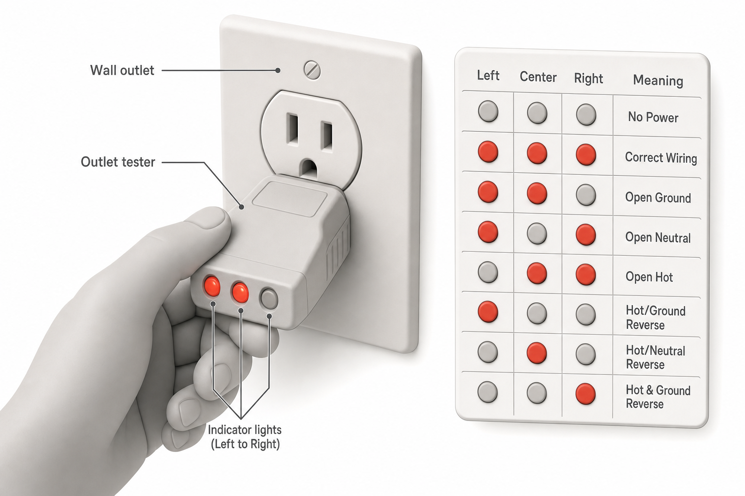 a close-up of a hand holding a plug-in outlet tester with three small indicator lights, inserted into a standard three-prong wall outlet, with a small legend chart nearby showing what different light combinations mean