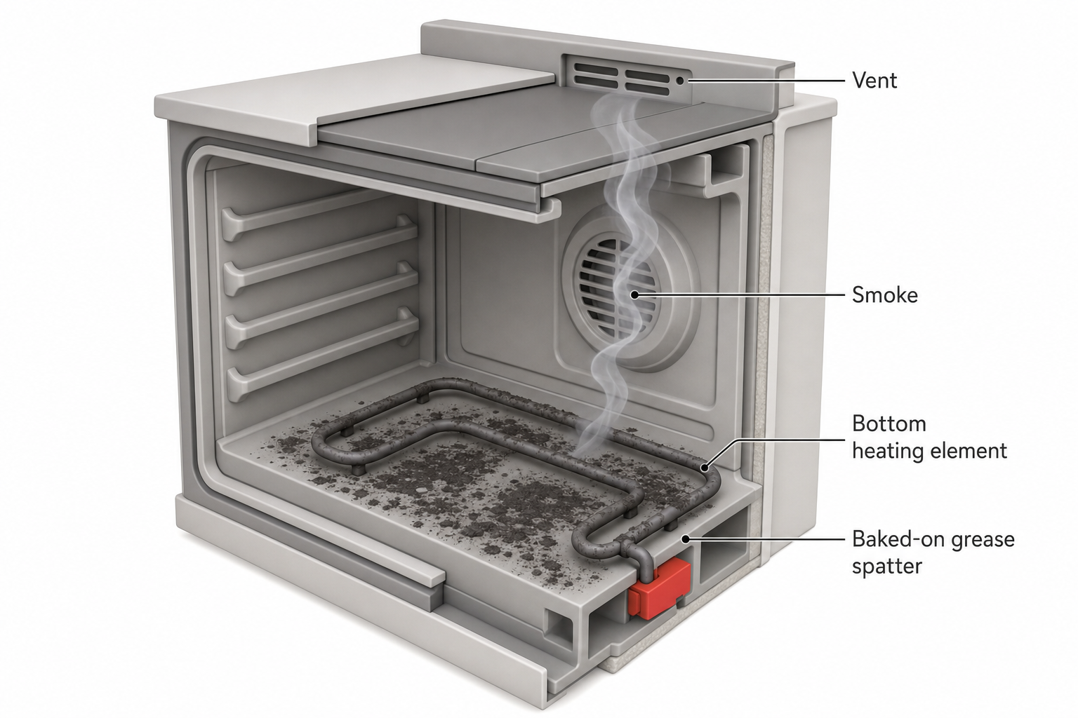 cutaway side view of a kitchen oven interior showing the bottom heating element, a layer of dark baked-on grease spatter on the oven floor and element, and a thin curl of smoke rising toward the vent at the back of the cooktop