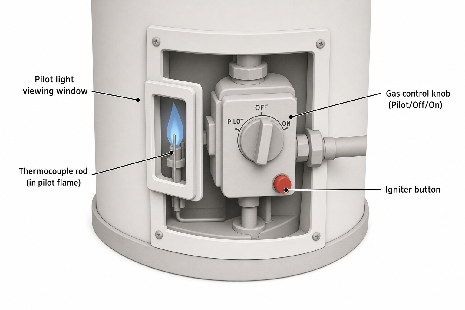 cutaway diagram of a gas water heater's front control valve, showing the pilot light viewing window, the gas control knob with Pilot/Off/On positions, the igniter button, and the thermocouple rod positioned in the pilot flame, labeled clearly