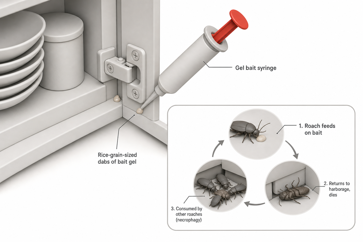 close-up of a gel bait syringe applying small rice-grain-sized dabs of bait gel to the inside hinge corner of a kitchen cabinet, with a diagram inset showing the necrophagy cycle — one roach feeding on bait, returning to a harborage crack, and being consumed by others