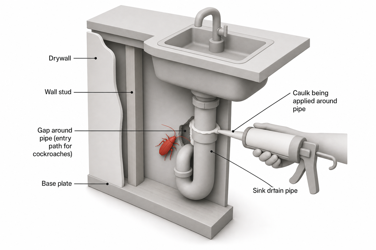 cutaway view of an apartment kitchen wall showing a cockroach entry path through a gap around a sink drain pipe, and a hand applying caulk around the pipe.