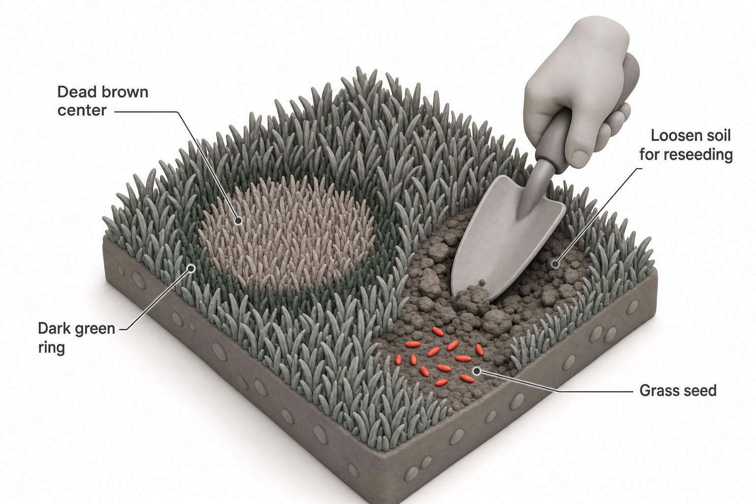 close-up ground-level photo composite showing a dog urine spot with a dead brown center and dark green ring, next to a hand holding a garden trowel loosening soil for reseeding
