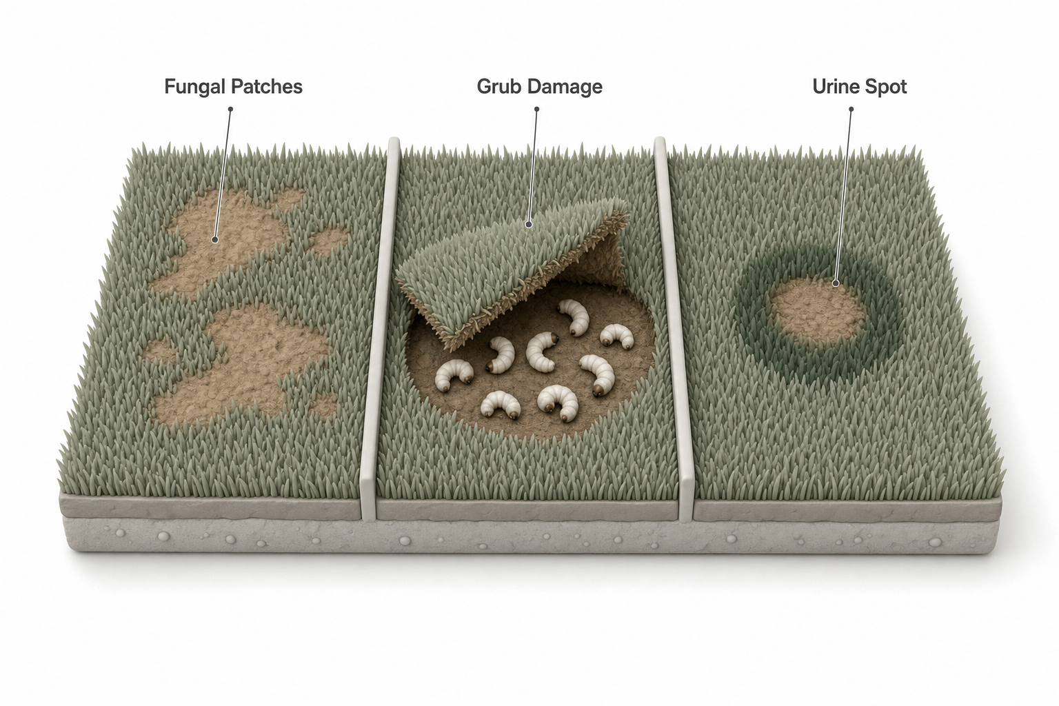 overhead diagram of a lawn divided into three labeled sections, each showing a different brown patch pattern—one with ragged spreading fungal patches, one with turf peeling back to reveal white grubs underneath, one with a small brown circle surrounded by a dark green ring from urine