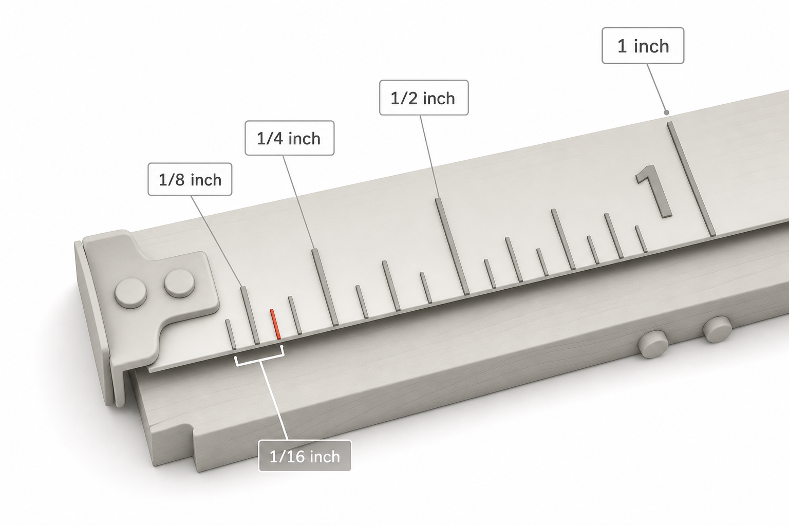 close-up of a steel tape measure blade laid flat on a wooden workbench, showing one full inch segment enlarged with labeled tick marks for 1/2, 1/4, 1/8, and 1/16 inch, each line drawn at a different length to show the hierarchy, with a small ruler-style callout bracket highlighting the smallest 1/16-inch mark