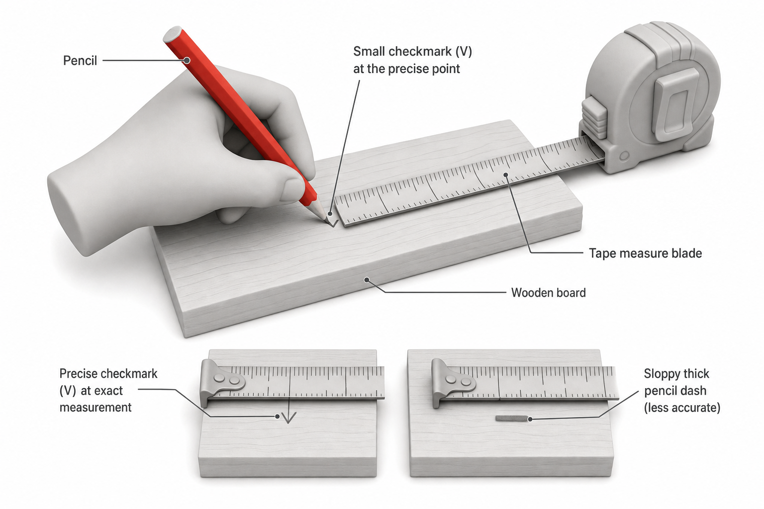 overhead view of a hand holding a pencil making a small checkmark (V-shape) at a precise point on a wooden board next to a tape measure blade, with a comparison sketch beside it showing a sloppy thick pencil dash for contrast