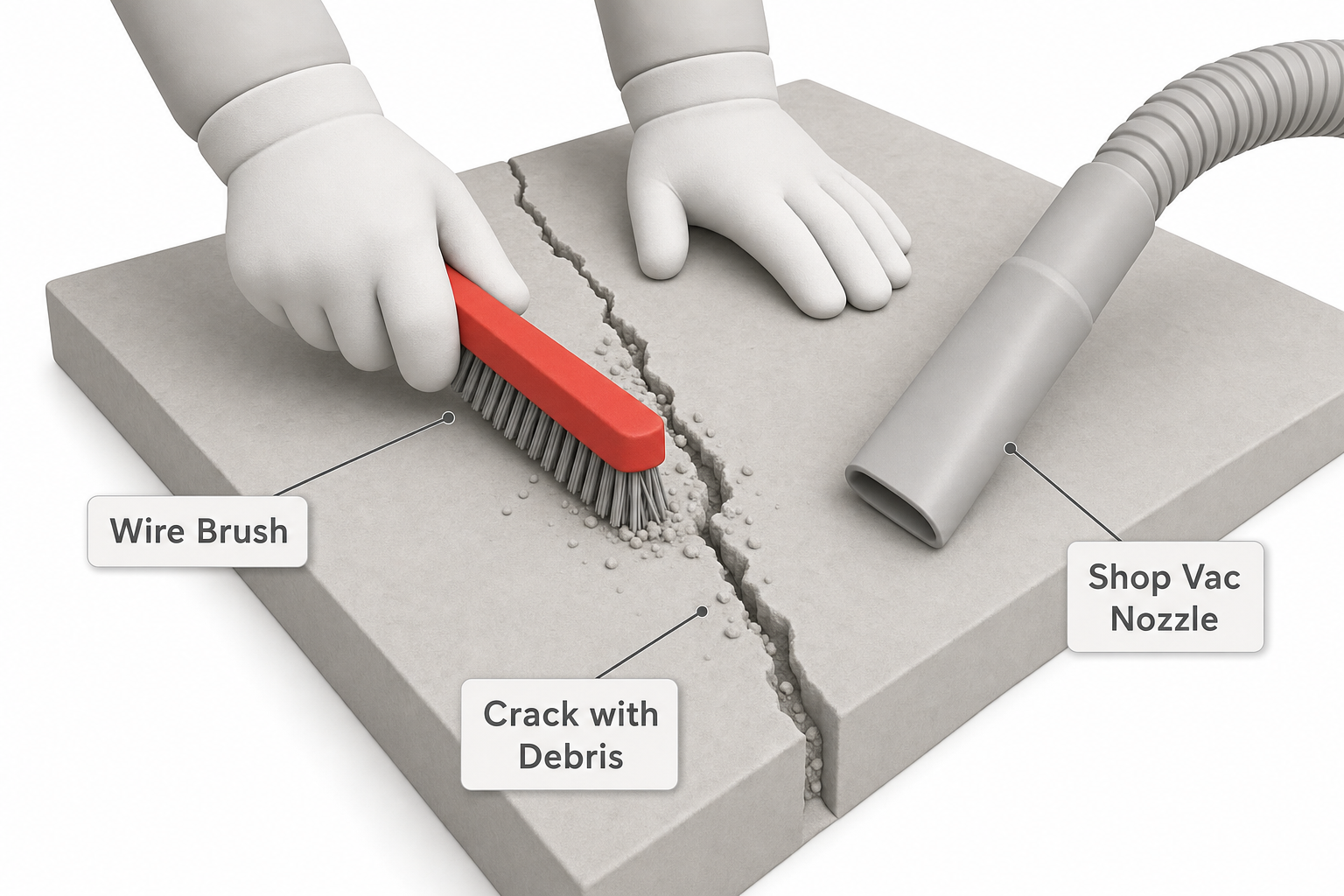 close-up of gloved hands using a wire brush to clean debris out of a concrete crack, with a shop vac nozzle nearby, driveway surface in soft daylight