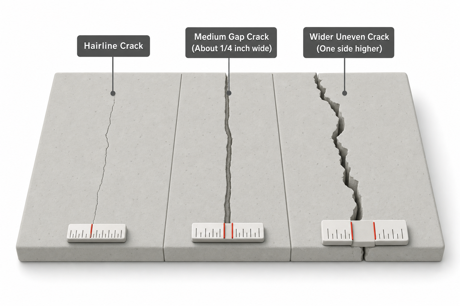 overhead view of a concrete driveway with three labeled crack types side by side — a thin hairline crack, a medium gap crack about a quarter inch wide, and a wider uneven crack with one side higher than the other, each with a small ruler icon showing width