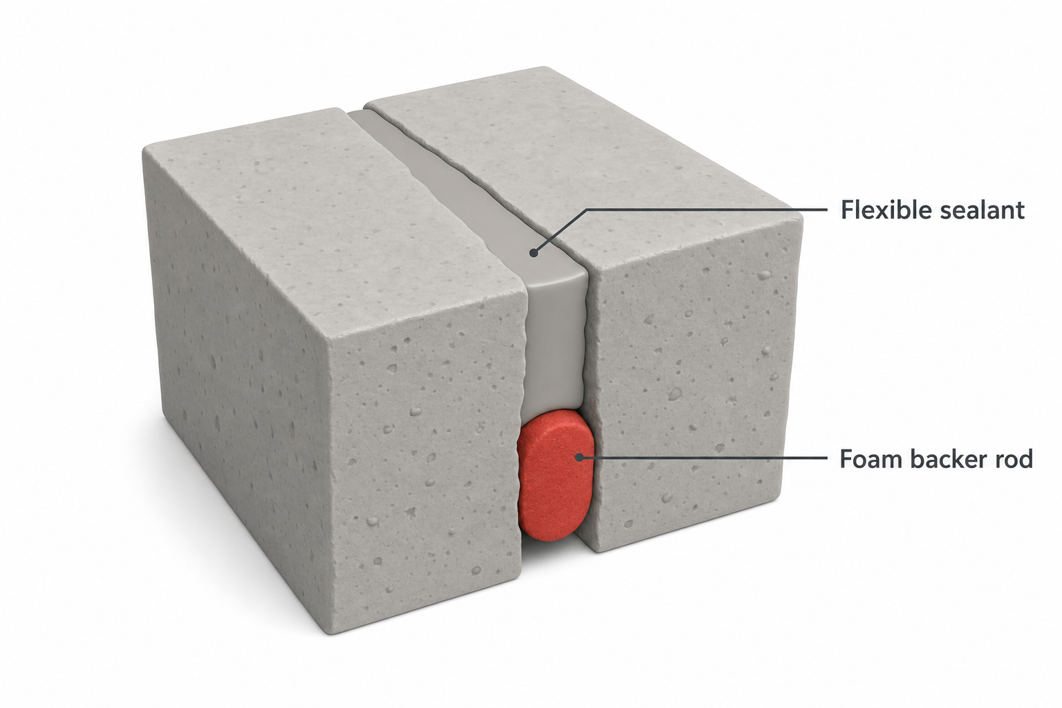 cross-section diagram of a wide concrete crack showing a foam backer rod pushed into the bottom third of the gap, with flexible sealant filled on top level with the driveway surface