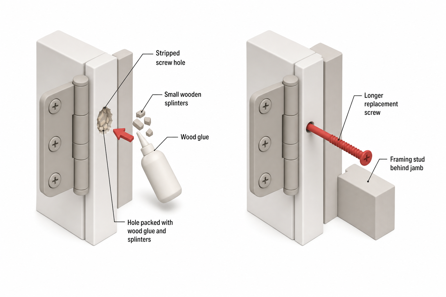 side-by-side comparison showing a stripped screw hole being packed with wood glue and small wooden splinters, next to a longer replacement screw being driven through the hinge into the framing stud behind the door jamb
