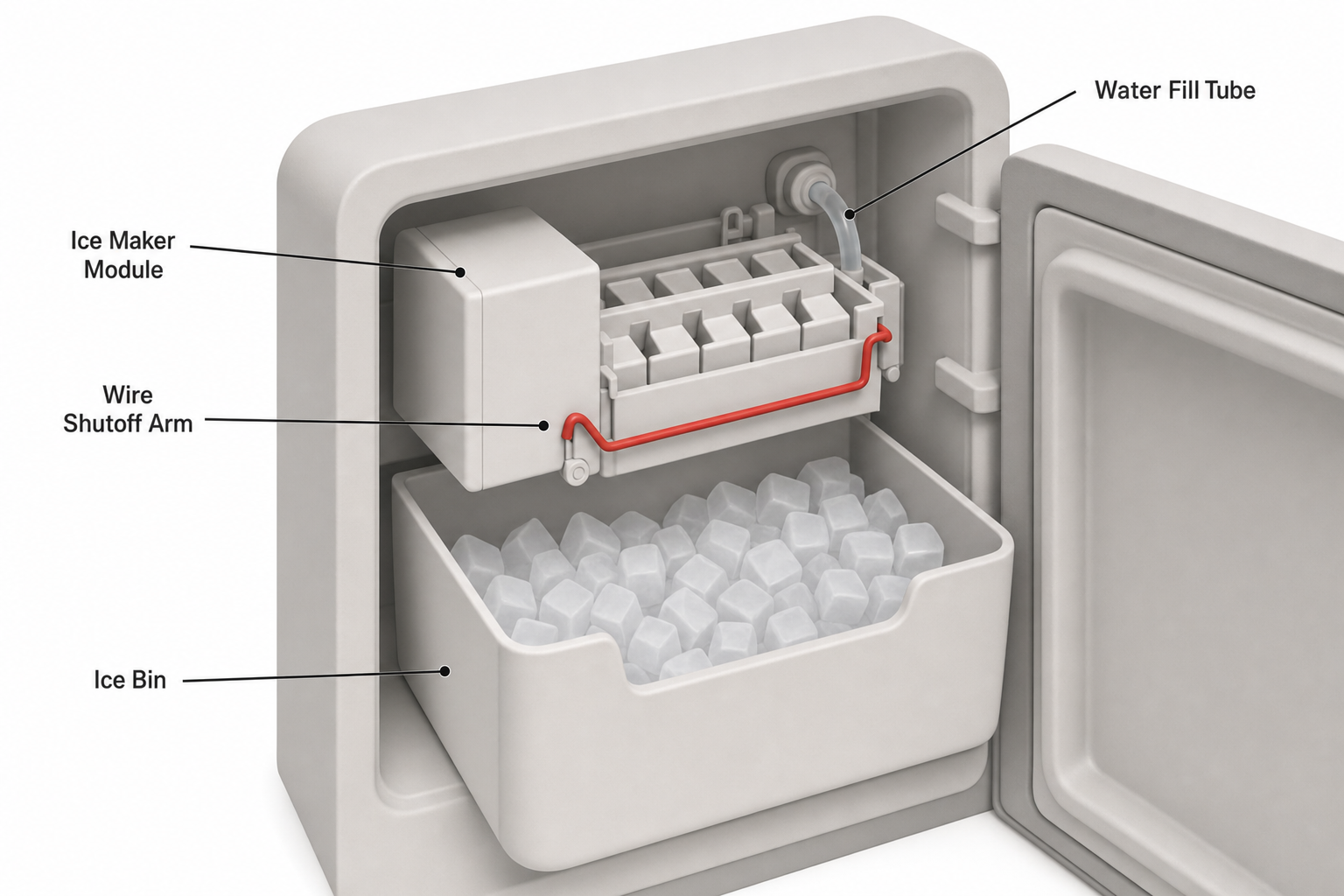close-up of a refrigerator freezer compartment showing an ice maker module with its wire shutoff arm, a half-full ice bin below it, and a small water fill tube visible at the back