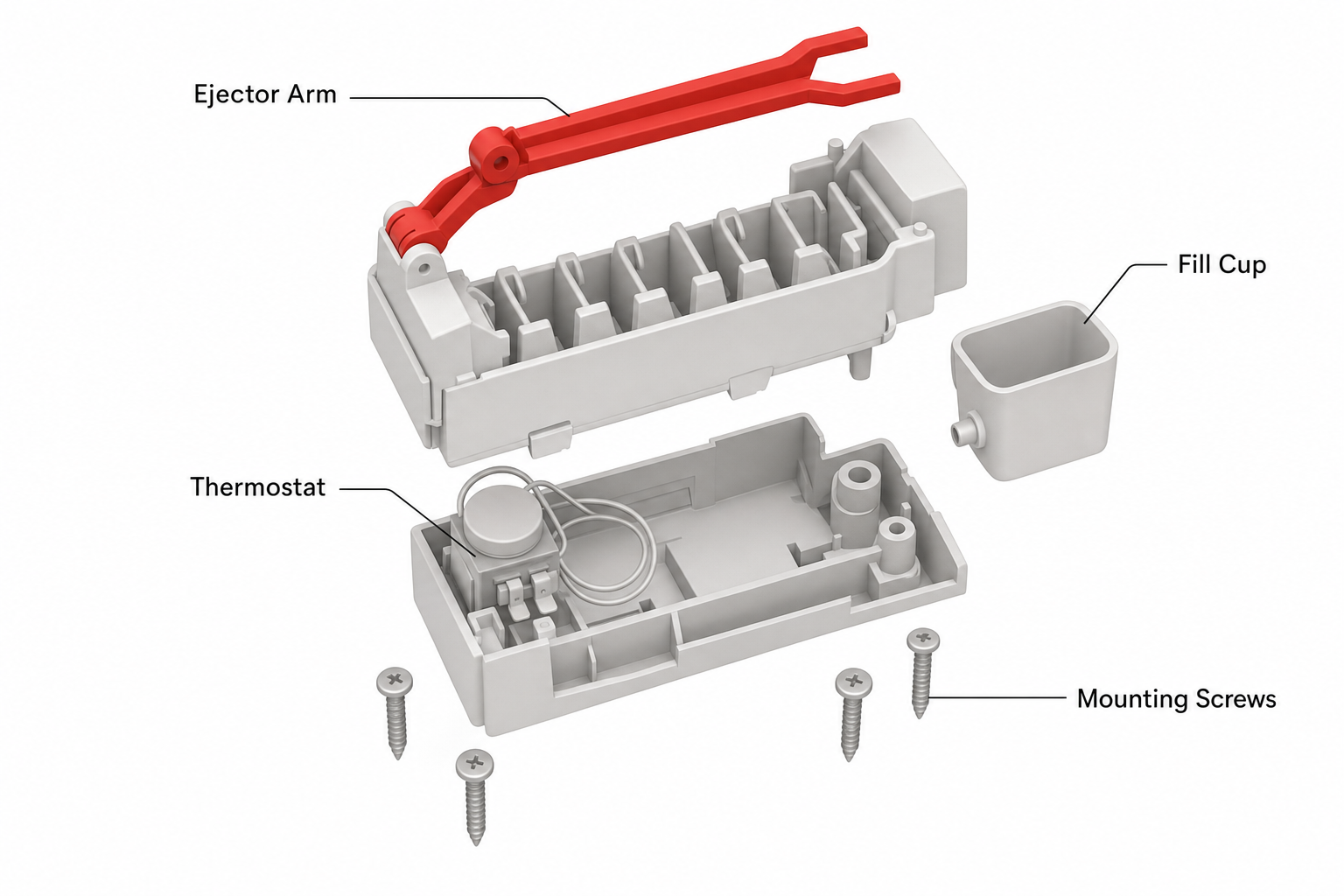 exploded diagram style view of a refrigerator ice maker module showing the ejector arm, fill cup, thermostat, and mounting screws