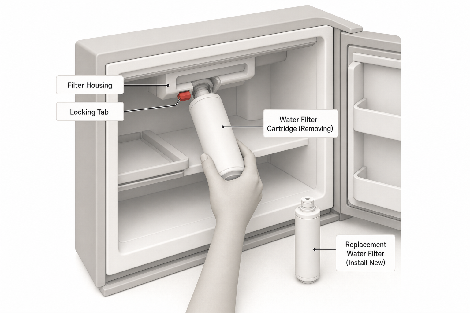 hand removing a cylindrical water filter cartridge from inside the refrigerator's upper interior compartment, with a fresh replacement filter sitting on the counter nearby