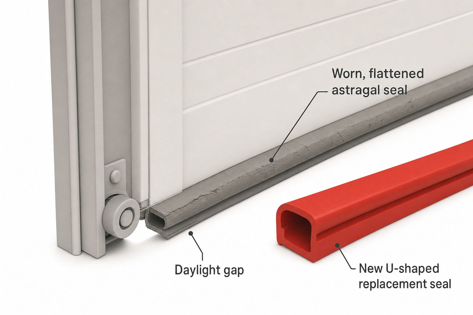 close-up of a garage door's bottom edge showing a worn, flattened rubber astragal seal next to a new U-shaped replacement seal, with a visible daylight gap under the old one