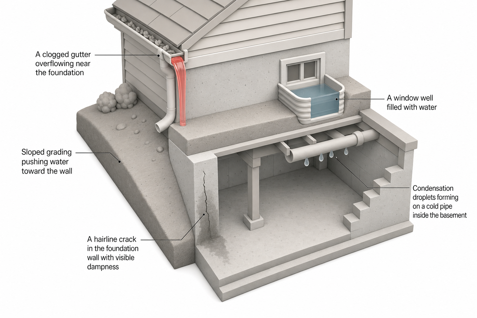 cutaway diagram of a house foundation showing a basement, with labeled arrows pointing to common moisture entry points: sloped grading pushing water toward the wall, a clogged gutter overflowing near the foundation, a hairline crack in the foundation wall with visible dampness, a window well filled with water, and condensation droplets forming on a cold pipe inside the basement