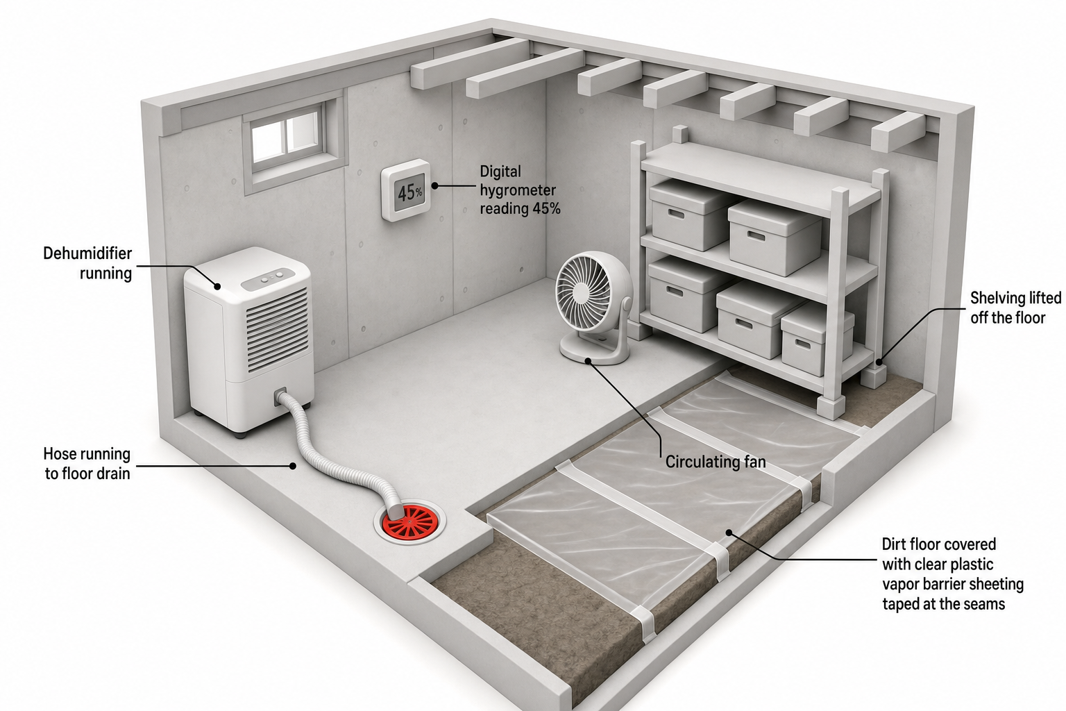 a clean, organized basement interior showing a dehumidifier running in one corner with a hose running to a floor drain, a digital hygrometer mounted on the wall reading 45%, a small circulating fan near stored boxes on shelving lifted off the concrete floor, and a section of exposed dirt floor covered with clear plastic vapor barrier sheeting taped at the seams