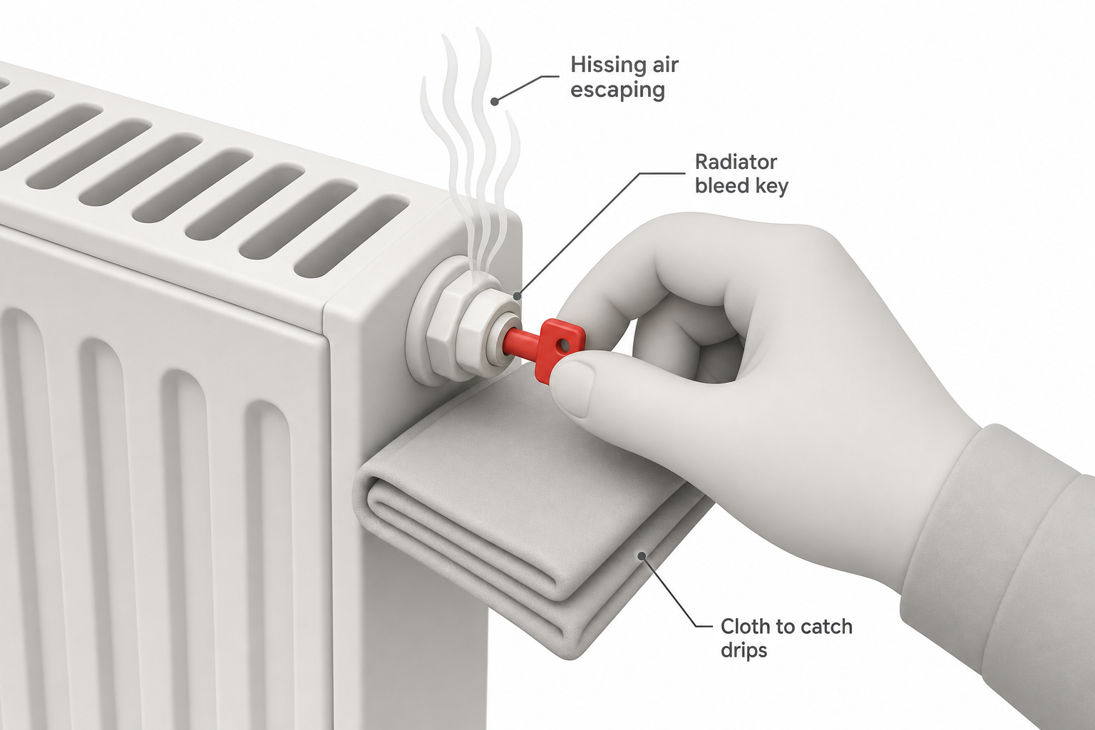 close-up of a hand using a small square radiator bleed key on a valve at the top corner of a radiator, with a folded cloth positioned beneath to catch drips, steam or air lines suggested coming from the valve