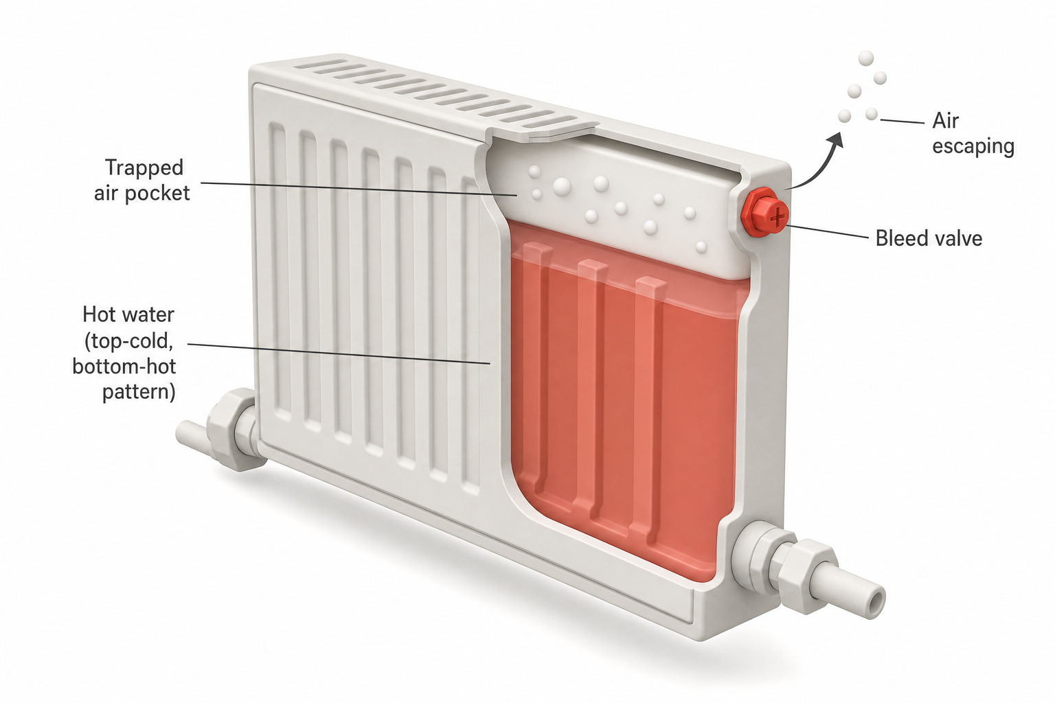 cutaway side view of a panel radiator showing a trapped air pocket along the top interior, hot water filling the lower two-thirds, with a bleed valve highlighted at the top corner and an arrow showing air escaping