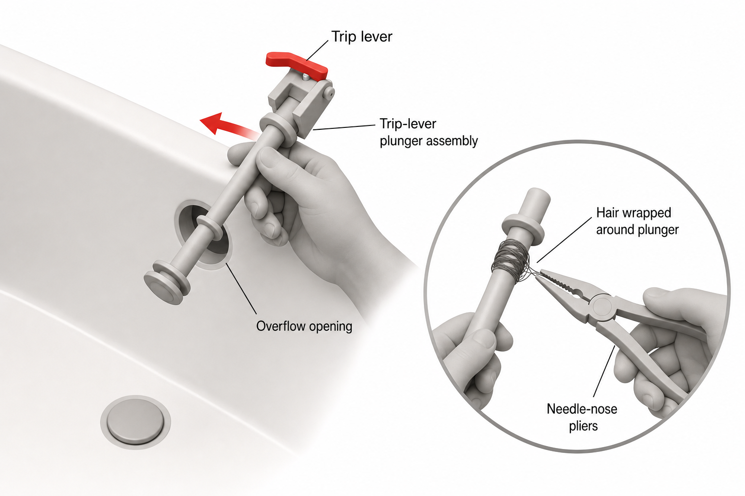 step-by-step diagram showing hands pulling a trip-lever plunger assembly out of an overflow opening, with a close-up inset of hair wrapped around the plunger being removed with needle-nose pliers