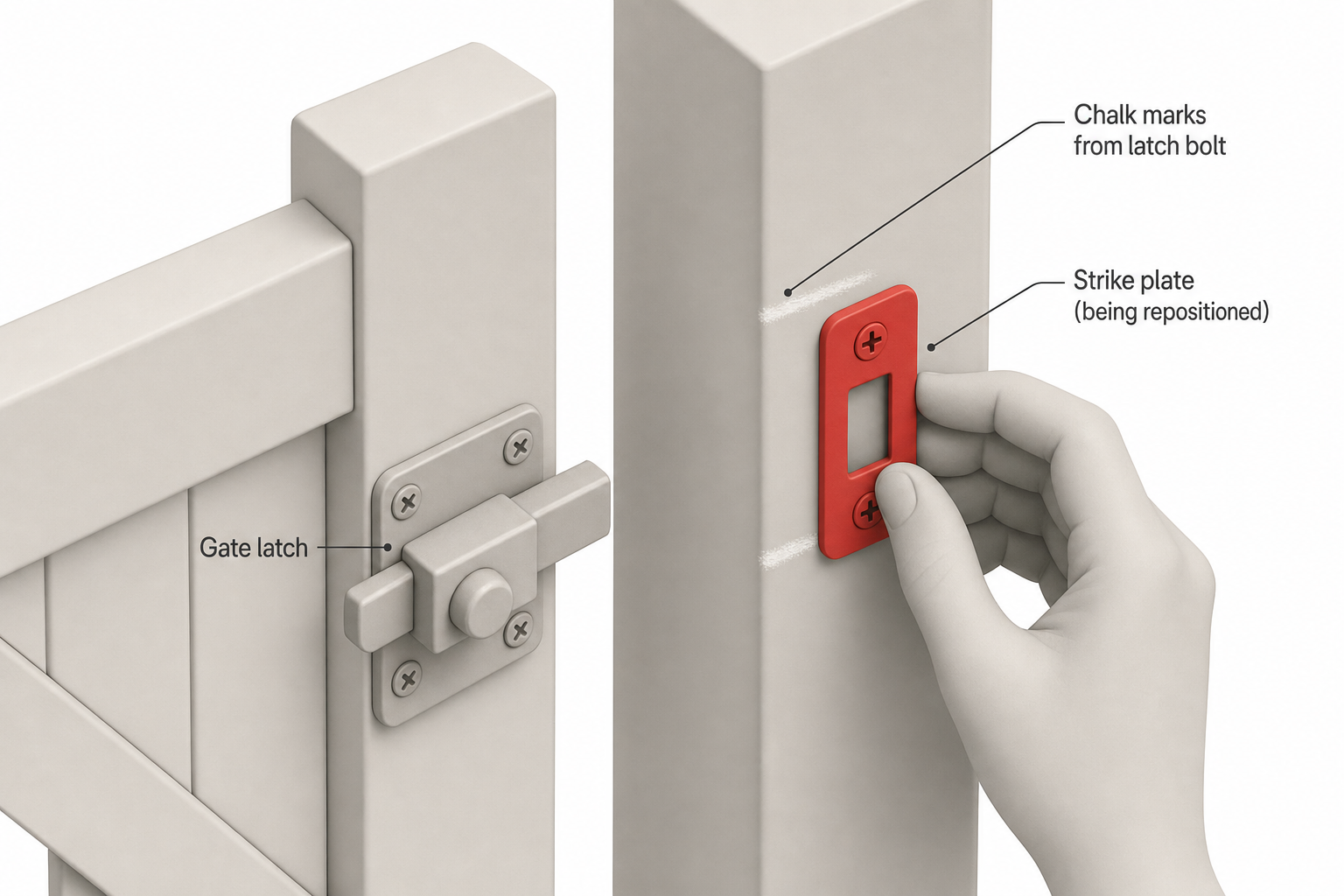 A close-up top-down view of a gate latch and strike plate on a post, showing chalk marks left by the latch bolt on the post and a hand repositioning the strike plate to align with the marks