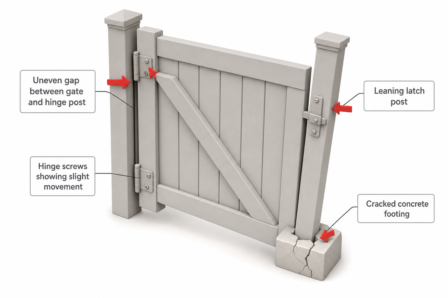 A wooden gate viewed from the side showing three diagnostic callouts — an arrow highlighting an uneven gap between gate and hinge post, a second arrow at the hinge screws showing slight movement, and a third arrow at a leaning latch post with a cracked concrete footing at its base