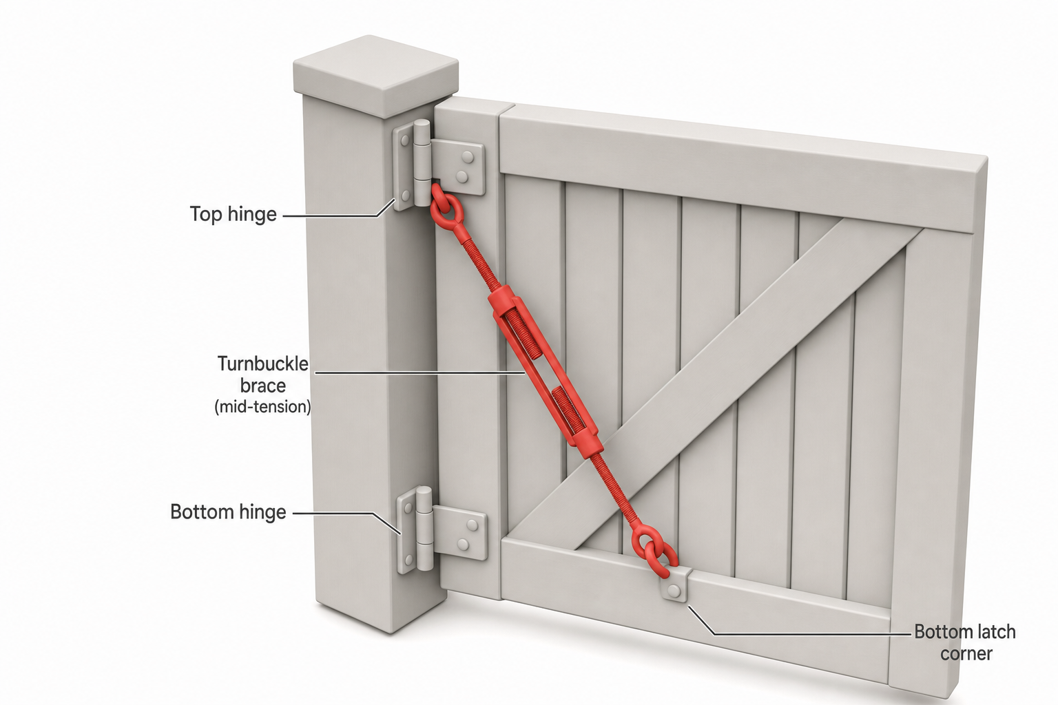 Close-up of a gate hinge showing a diagonal turnbuckle brace running from the top hinge corner to the bottom latch corner of a wooden gate frame, with the turnbuckle mid-tension