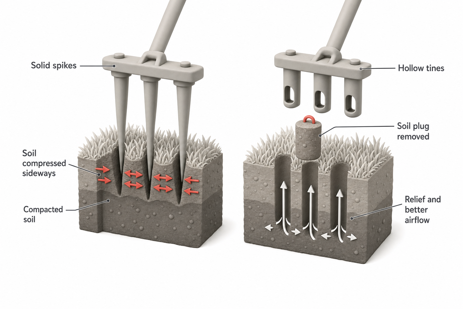 side-by-side comparison illustration, left side showing solid spikes pressing into soil and compressing it sideways, right side showing hollow tines removing a soil plug, with arrows indicating compaction versus relief