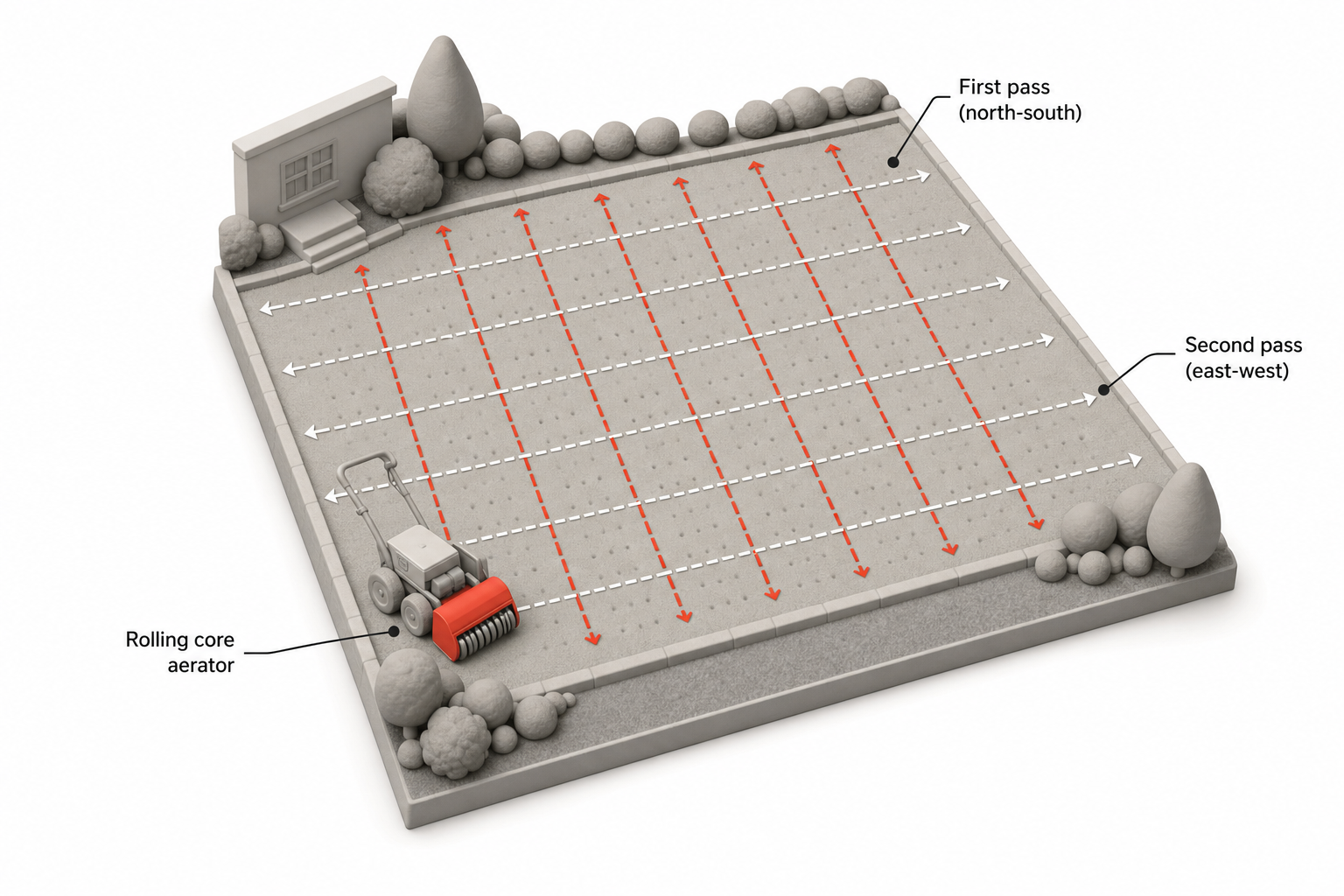 overhead view of a rectangular lawn showing a mowing-style grid pattern of aerator passes, first set of lines running north-south and a second set running east-west, with a small rolling core aerator machine shown at one corner