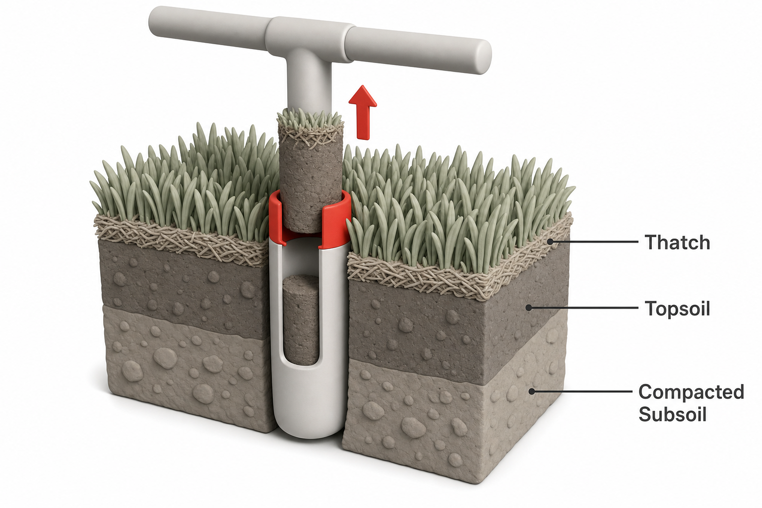 cross-section diagram of lawn soil showing a hollow-tine core aerator tine punching down and pulling up a cylindrical soil plug, with labeled layers for thatch, topsoil, and compacted subsoil