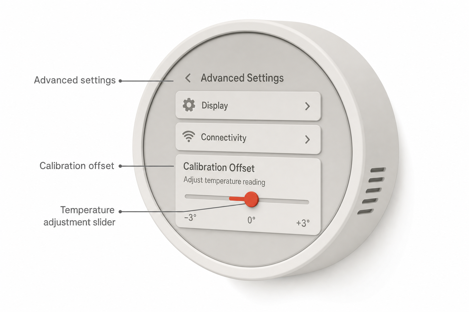 close-up of a smart thermostat display showing an "advanced settings" or "calibration offset" menu screen with a temperature adjustment slider
