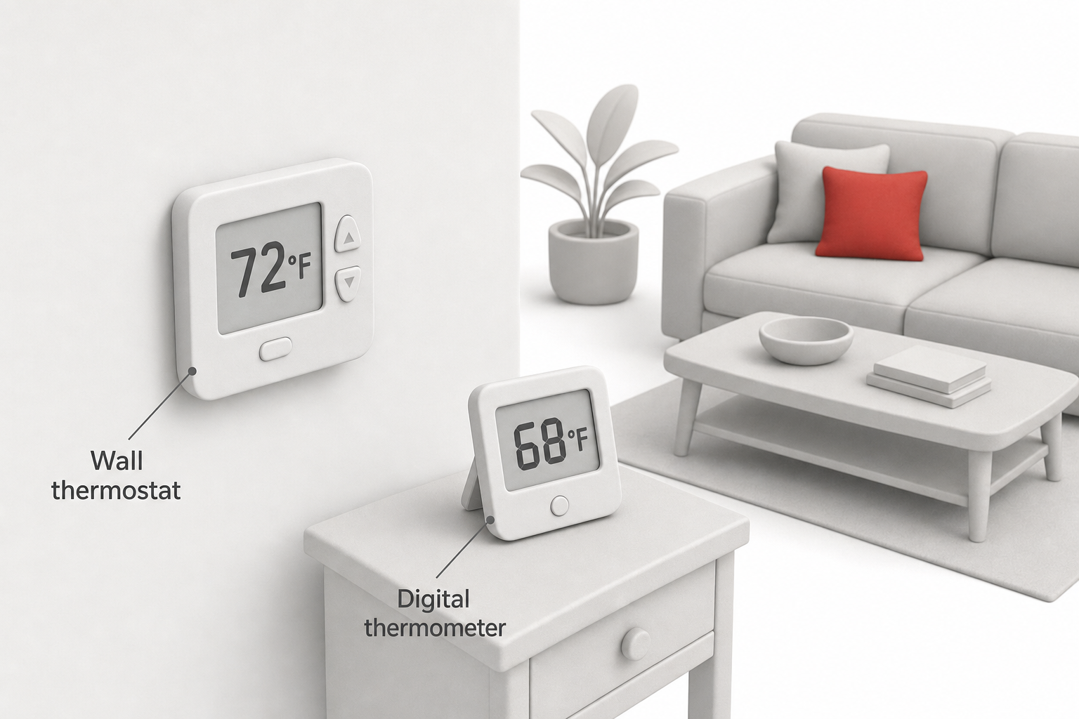a wall-mounted thermostat next to a small standalone digital thermometer on a side table, both displaying different temperatures, in a bright living room