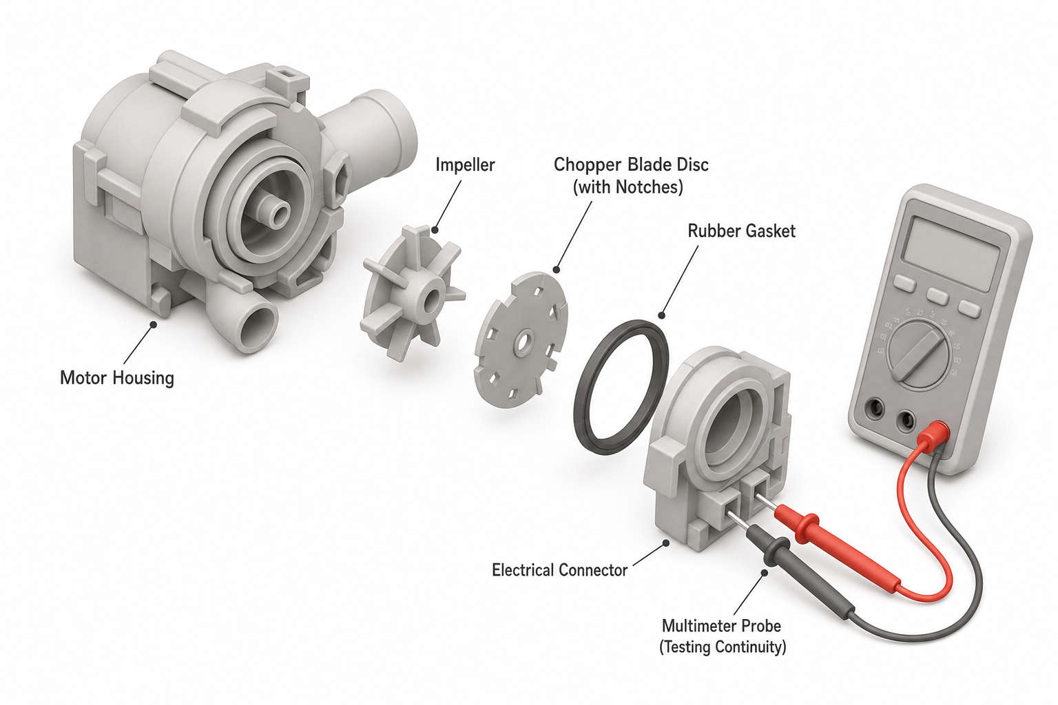 close-up exploded view of a dishwasher drain pump assembly showing the motor housing, impeller, chopper blade disc with small notches, rubber gasket, and the electrical connector, with a multimeter probe touching two terminals to test continuity
