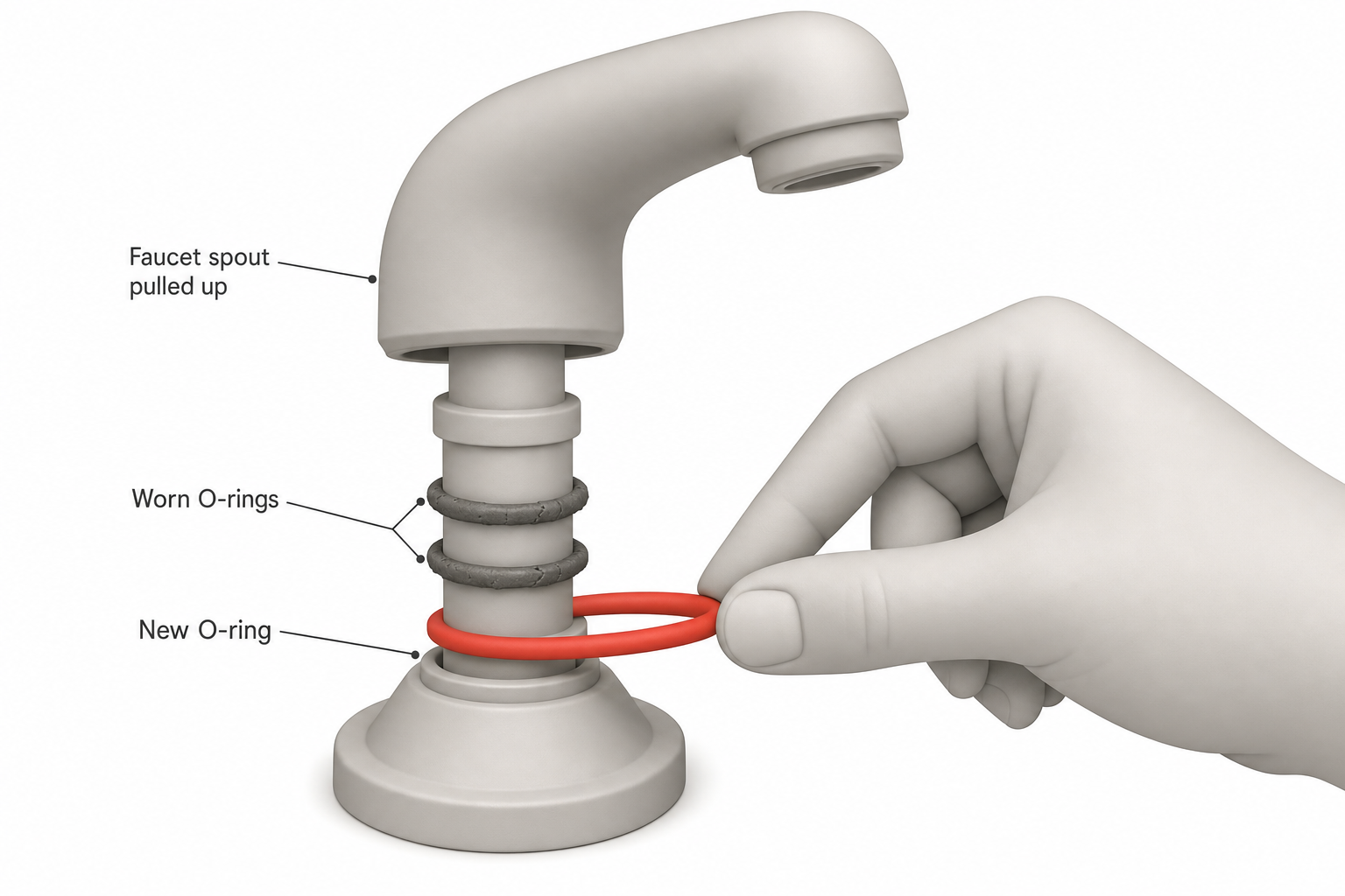 side view of a faucet spout pulled up slightly off its base, showing two worn O-rings around the shaft and a hand rolling a new O-ring into place
